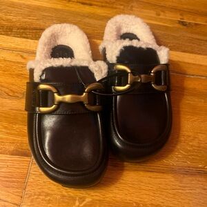 Black Leather Mules with Gold Buckle